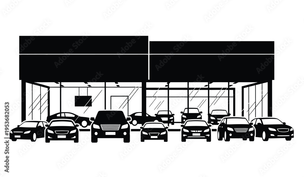 Fototapeta premium Silhouette of a modern car dealership with multiple vehicles on display inside a sleek building