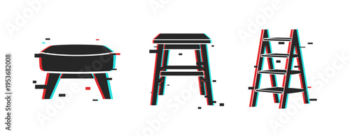 Glitch art of furniture: modern stool, wooden step ladder, minimalist chair design
