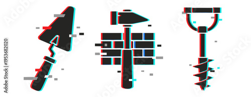 Abstract glitch art with trowel, hammer, and screwdriver