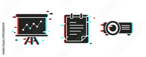 3d glitch style icon set: graph, notebook, projector on white background