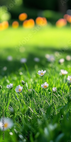 Beautiful and Delicate Springtime Scene Featuring Tiny White Flowers Growing in Lush Green Grass