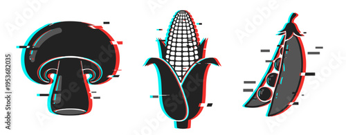 Glitch art of mushroom corn and peapod in red cyan anaglyph style