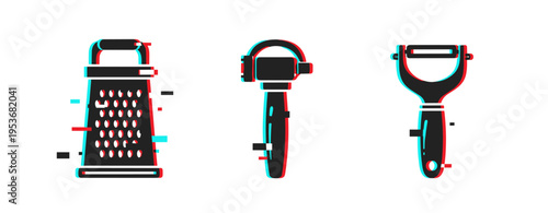 Red and blue anaglyph kitchen utensils: grater, peeler, garlic press