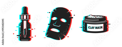 Set of glitch effect skincare icons with serum bottle, face mask, and clay mask jar