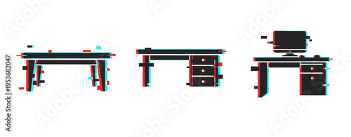 Glitch effect concept art of office desk and computer setup