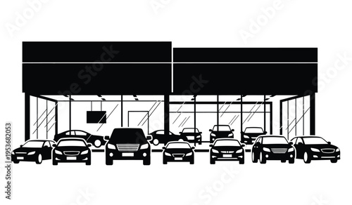 Silhouette of a modern car dealership with multiple vehicles on display inside a sleek building