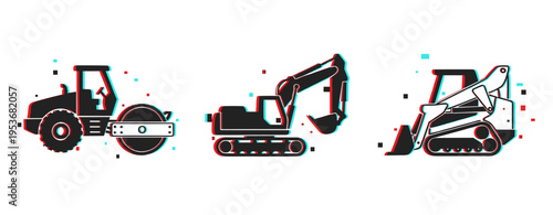 Retro style construction equipment icons: roller, excavator, loader with glitch effect