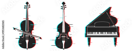 Classic musical instruments with 3d effect: violin, cello, piano