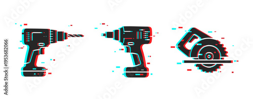 Glitch effect on power tools icons: drill, driver, saw