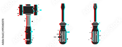 Glitch effect on hammer and screwdrivers with red and blue digital distortion