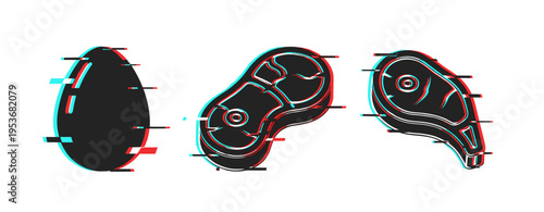 Modern glitch art: geometric chocolate, peanut, steak icons in black and red