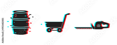 Glitch style icons of barrel, shopping cart, and hedge trimmer on white background