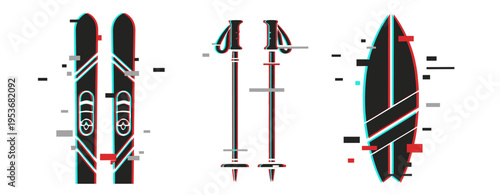 Glitch art: skiing equipment and surfboard in abstract design