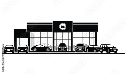 Silhouette of a car dealership storefront with vehicles parked outside