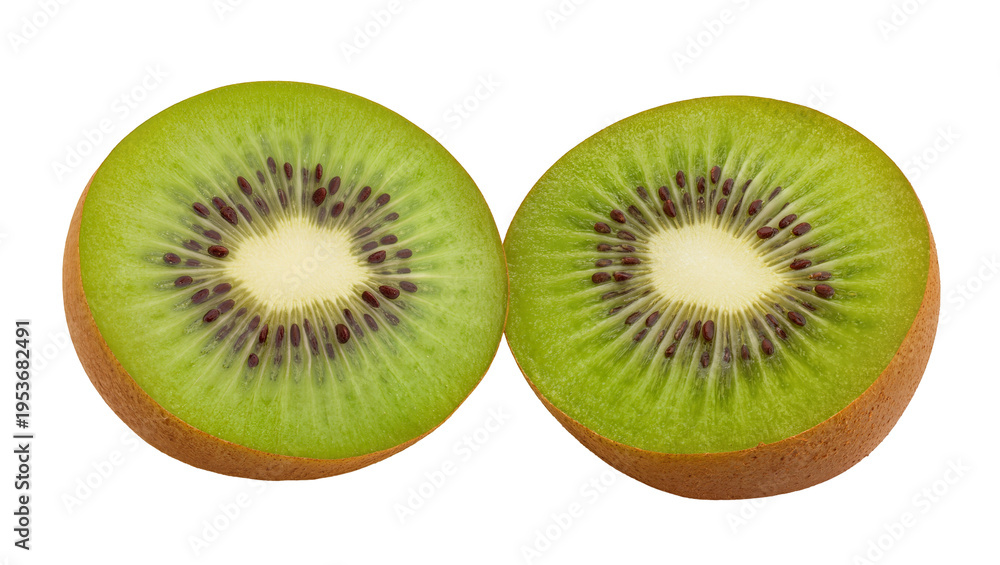Fototapeta premium Two fresh, vibrant green kiwi fruit halves, cut to reveal juicy flesh and tiny black seeds, isolated PNG on transparent background, delicious healthy snack