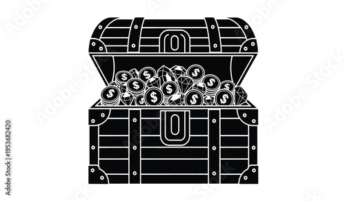 A silhouette of an open treasure chest filled with gold coins and jewels