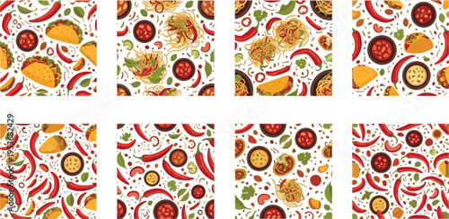 Mexican Food Seamless Pattern Set with Tacos, Chili Peppers and Ingredients, Colorful Hand Drawn Backgrounds for Restaurant Menu, Packaging and Textile Vector Design