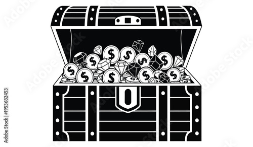 Treasure chest filled with coins silhouette illustration