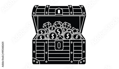 A silhouette of an open treasure chest filled with gold coins and jewels