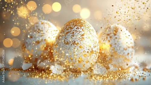 Golden speckled easter eggs with shimmering lights and broken shells. Easter, Pascha, Paskha, Ostern, Pascua, Paques - Orthodox and Catholic Holiday celebration
