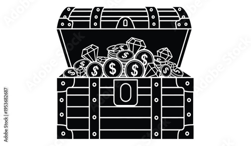 A silhouette of an open treasure chest filled with dollar signs