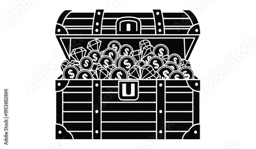 A silhouette of an open treasure chest filled with gold coins and jewels