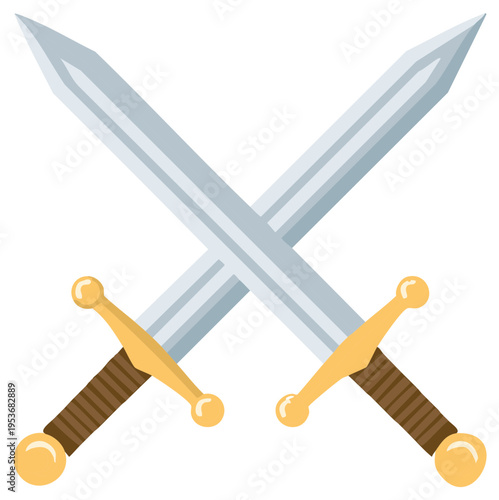 An illustration of two crossed medieval steel swords with golden hilts symbolizing battle or a duel