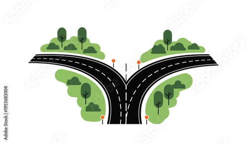 A silhouette of a forked road with trees on both sides forming a y intersection silhouette