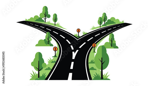 A silhouette of a road diverging into two paths through a forest with cyclists riding on the roads