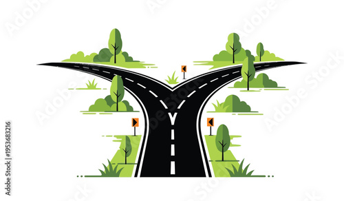 Forked road silhouette with trees and grass on white background