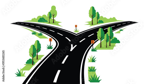 A fork in the road with a silhouette of a person standing at the crossroads of two highways