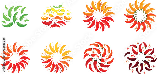 Chili Pepper Abstract Shapes Set with Spicy Red and Green Elements, Creative Food Inspired Swirl Designs for Logo, Branding and Decorative Vector Illustration