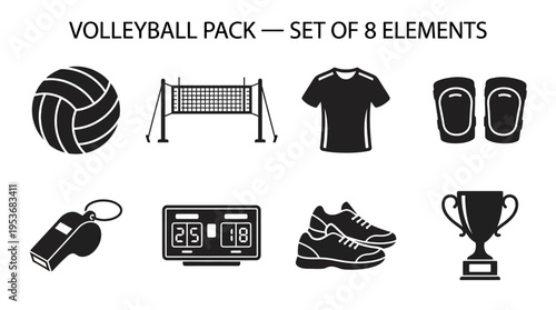 Volleyball & Team Sports Vector Icon Set – Dynamic Vectors Featuring Balls, Nets, Jerseys, Scoreboards, Whistles, Shoes, Knee Pads, Trophies, and Match Essentials
