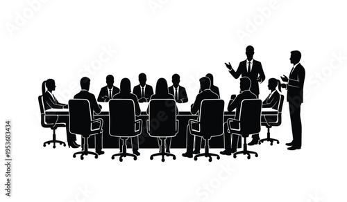 Business meeting in a conference room with a speaker and audience in silhouette