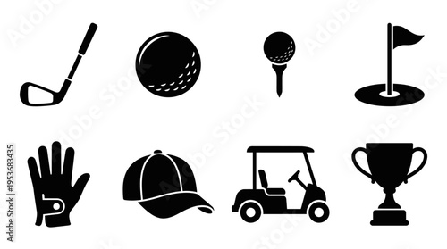 Golf & Sportsmanship Vector Icon Set – Elegant Vectors Featuring Clubs, Balls, Tees, Flags, Gloves, Caps, Golf Carts, and Championship Trophies