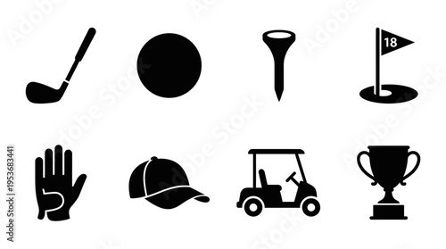 Golf & Sportsmanship Vector Icon Set – Elegant Vectors Featuring Clubs, Balls, Tees, Flags, Gloves, Caps, Golf Carts, and Championship Trophies