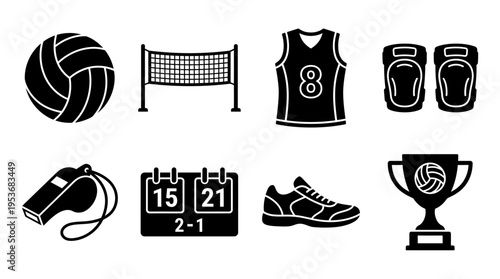 Volleyball & Team Sports Vector Icon Set – Dynamic Vectors Featuring Balls, Nets, Jerseys, Scoreboards, Whistles, Shoes, Knee Pads, Trophies, and Match Essentials