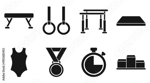 Gymnastics & Athletic Competition Vector Icon Set – Elegant Vectors Featuring Beams, Rings, Leotards, Timers, Podiums, Medals, Mats, and Parallel Bars