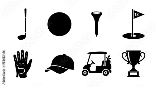 Golf & Sportsmanship Vector Icon Set – Elegant Vectors Featuring Clubs, Balls, Tees, Flags, Gloves, Caps, Golf Carts, and Championship Trophies