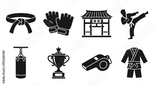 Martial Arts & Combat Training Vector Icon Set – Powerful Vectors Featuring Belts, Gloves, Punching Bags, Uniforms, Kicks, Whistles, Trophies, and Dojo Gates
