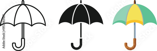 Set of umbrella icons in outline, solid black silhouette, and colorful flat styles for weather forecast, rainy season, and seasonal protection.