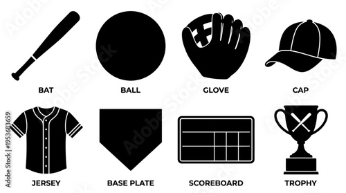 Baseball & Team Sports Vector Icon Set – Classic Vectors Featuring Bats, Balls, Gloves, Caps, Jerseys, Scoreboards, Base Plates, and Championship Trophies