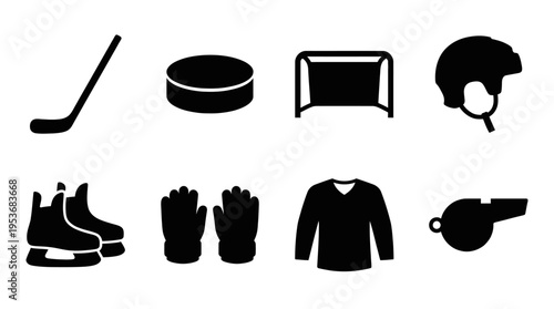 Ice Hockey & Winter Sports Vector Icon Set – Powerful Vectors Featuring Sticks, Pucks, Helmets, Gloves, Skates, Whistles, Jerseys, Goals, and Protective Gear