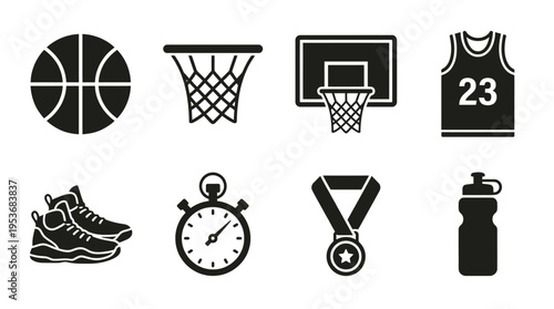 Basketball & Court Sports Vector Icon Set – Bold Vectors Featuring Balls, Hoops, Jerseys, Scoreboards, Sneakers, Medals, Water Bottles, and Stopwatches