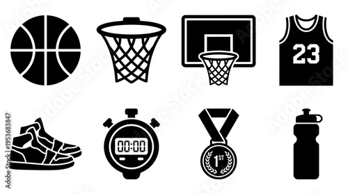 Basketball & Court Sports Vector Icon Set – Bold Vectors Featuring Balls, Hoops, Jerseys, Scoreboards, Sneakers, Medals, Water Bottles, and Stopwatches