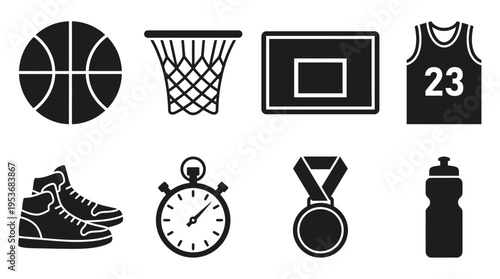Basketball & Court Sports Vector Icon Set – Bold Vectors Featuring Balls, Hoops, Jerseys, Scoreboards, Sneakers, Medals, Water Bottles, and Stopwatches