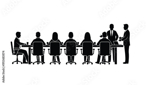 Business meeting with people in silhouette discussing important matters around a conference table