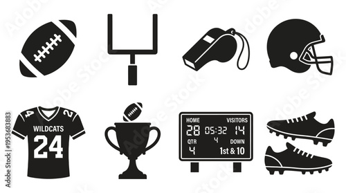 American Football & Team Sports Vector Icon Set – Powerful Vectors Featuring Balls, Helmets, Jerseys, Goalposts, Whistles, Cleats, Scoreboards, and Trophies