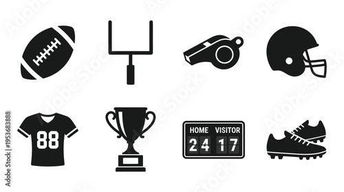 American Football & Team Sports Vector Icon Set – Powerful Vectors Featuring Balls, Helmets, Jerseys, Goalposts, Whistles, Cleats, Scoreboards, and Trophies