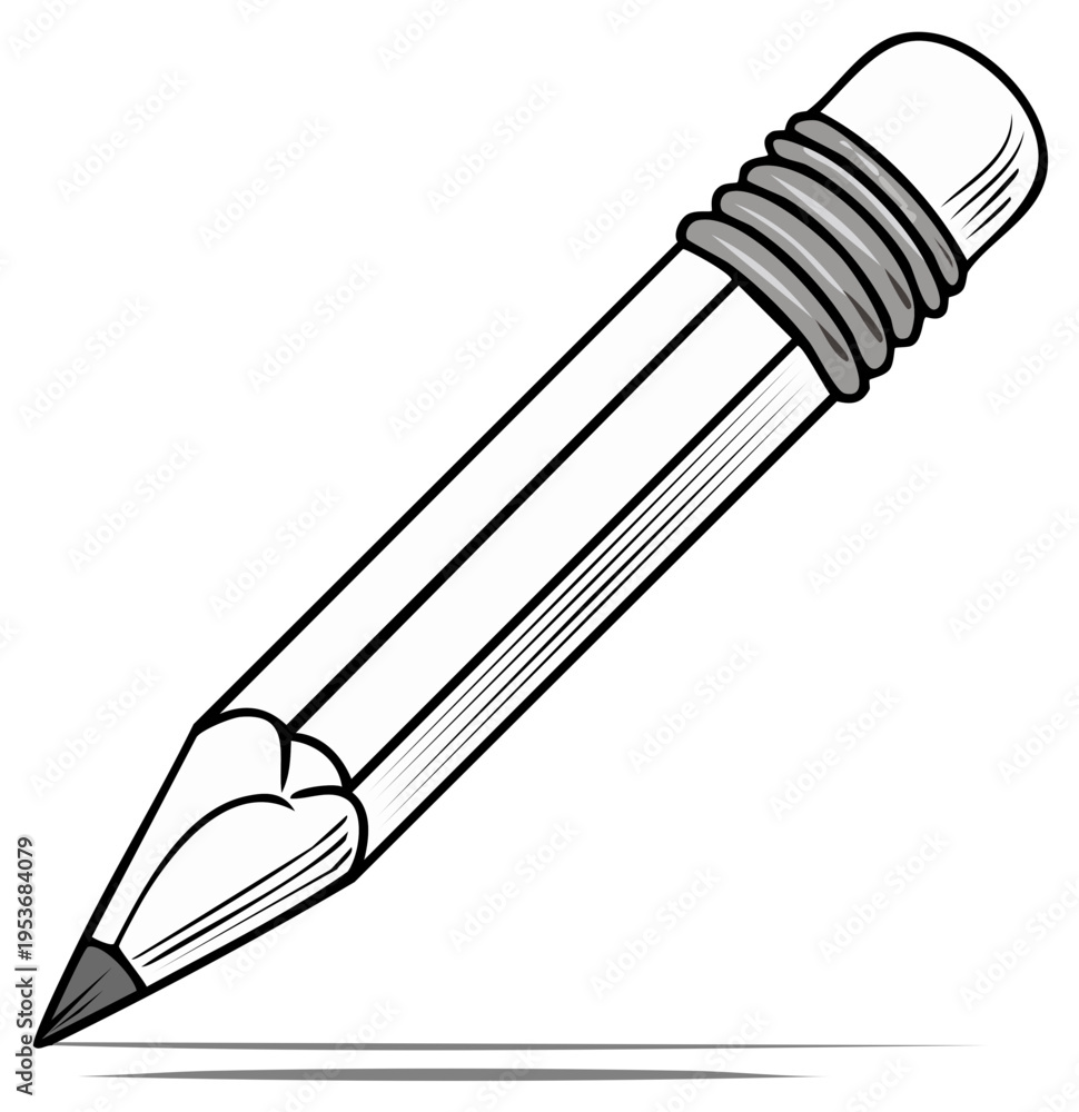 Naklejka premium Simple black and white cartoon pencil illustration with eraser and sharpened tip ready for writing or drawing tasks